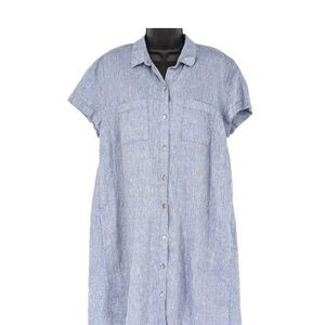 J Jill L Love Linen Blue Collared Button Front Short Sleeve Shift Shirtdress